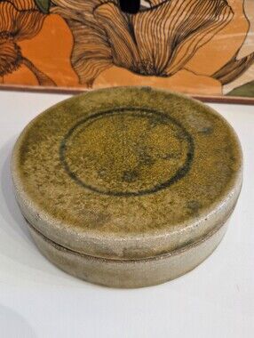 Vintage Handmade Round Lidded Divided Green Pottery Box